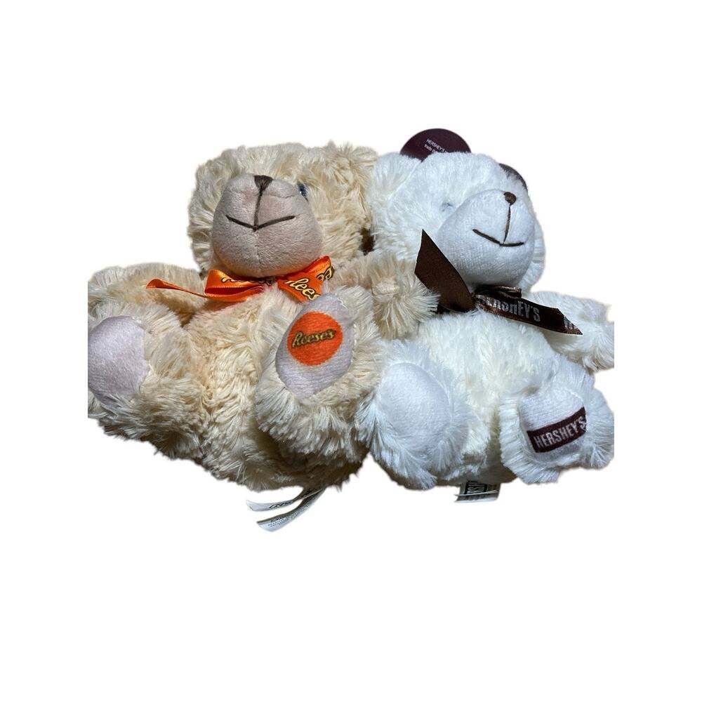 Reese's‎ Peanut Butter Cup Plush Stuffed Teddy Bear Beige Orange Bow Lot Of 2